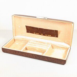 1970s Faux Leather brown jewelry box for men, Fleur de Lys logo